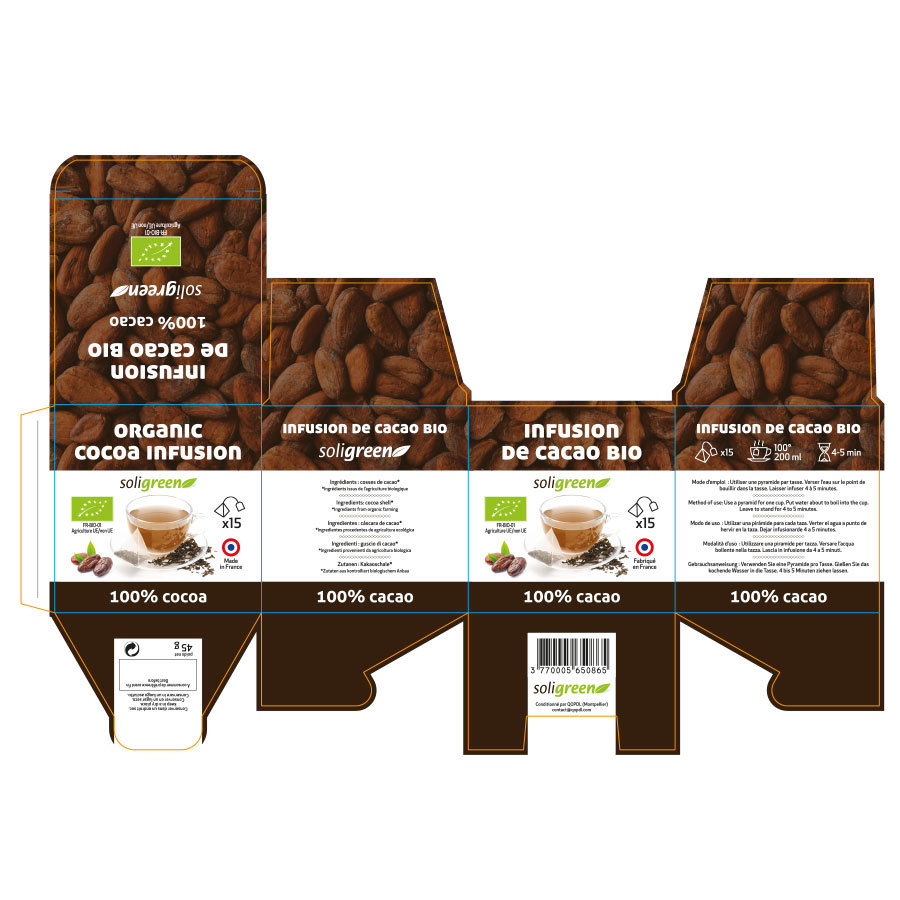 Création graphique pour imprimeur d'un packaging alimentairepour une infusion au cacao